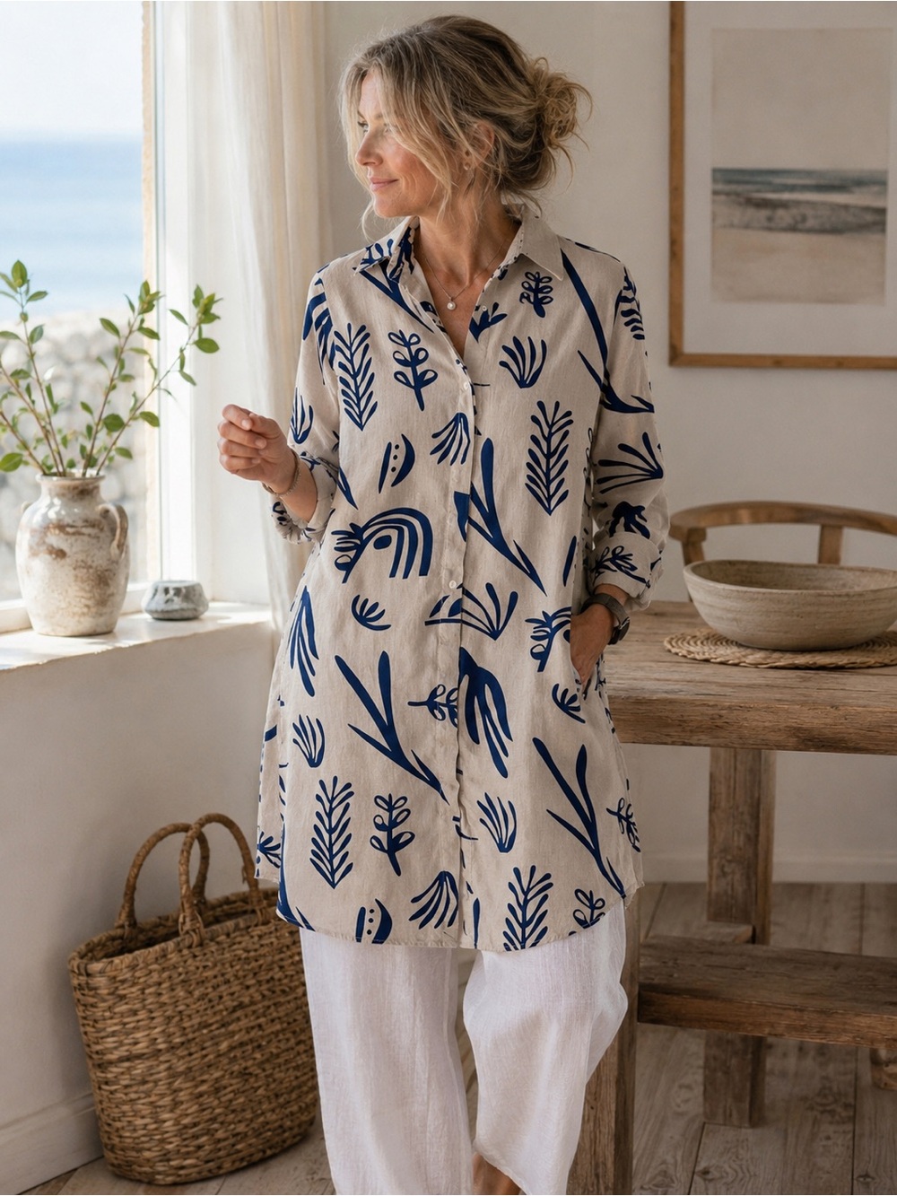 Polo Live Blue Abstract Cotton Tunic Shirt Dress Coastal Grandma Boho